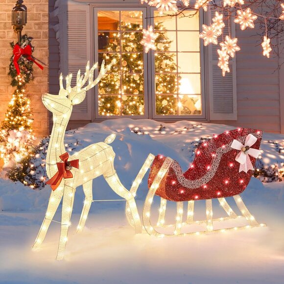 New 4ft Pre-lit Reindeer & Sleigh Set with 360 LED Lights for Christmas Decor - Picture 2 of 9